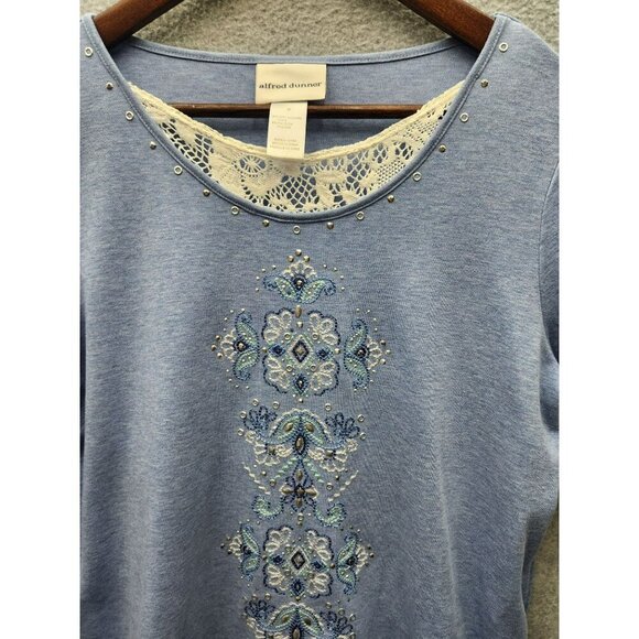 Alfred Dunner Womens Blue Embroidered Top With Lace Trim & 3/4 Sleeves Size M Co - Picture 5 of 6